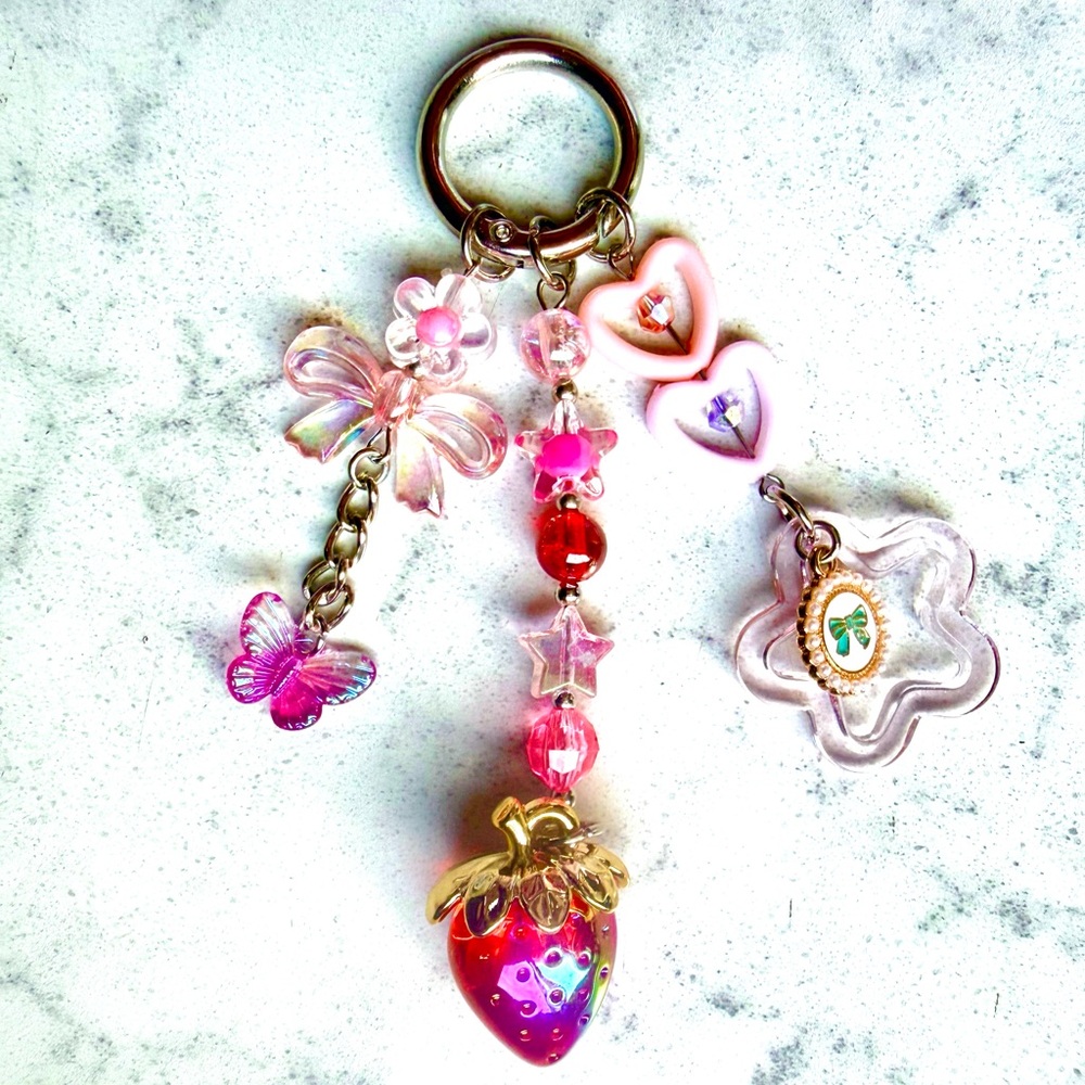 Iridescent Pink Strawberry Charm Keychain
